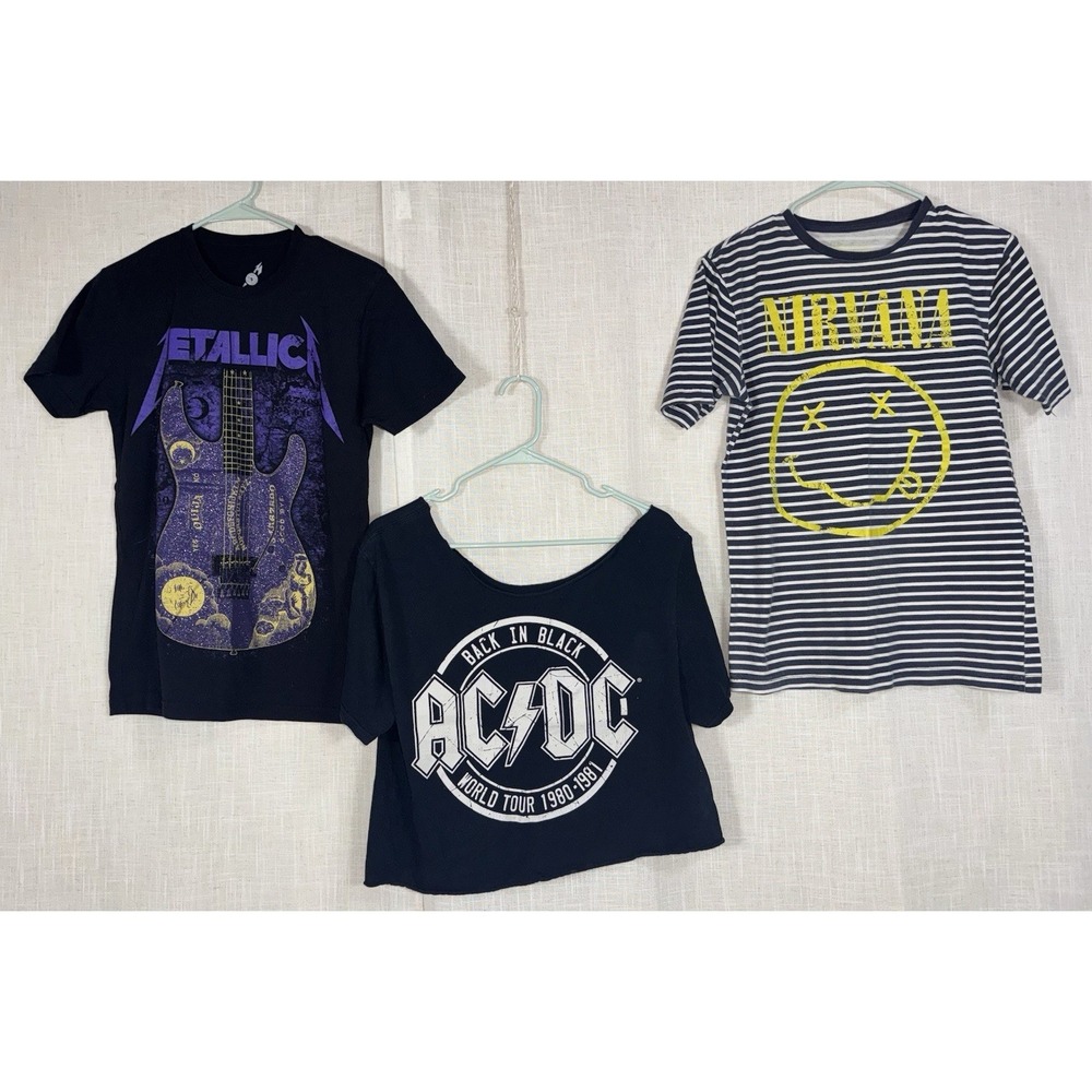 Women's Band T-Shirts Lot of 3 Metallica‎ Ouija Purple AC/DC Cropped Nirvana